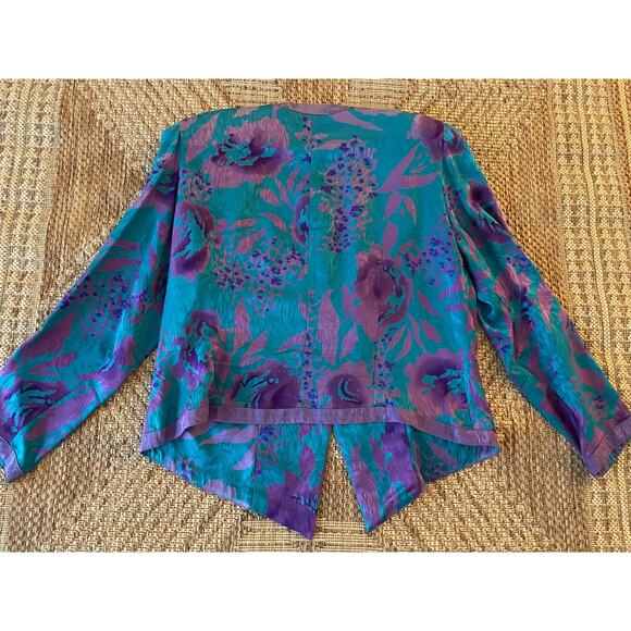 80's Vintage NORA NOH cropped silk Blazer floral abstract Size 16 - Picture 4 of 8